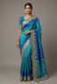 Turquoise Blue Silk Patola Saree with Zardosi Sequin Worked Scallop Border - blue silk saree patola