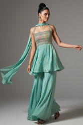 Sea Green Crepe Tissue Silk Halter Neck Embroidered Palazzo Suit - red silk saree embroidered