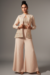 Cream Chinon Sequin Embroidered Crop Top Palazzo Set with Jacket