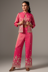 Pink Tissue Silk Crop Top Palazzo Set with Sequin Beaded Jacket - pink silk saree