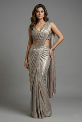 Beige Pre-Draped Saree with Embroidered Blouse