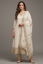 Pearl White Art Silk Sequin Embroidered Anarkali Suit with Scallop Border