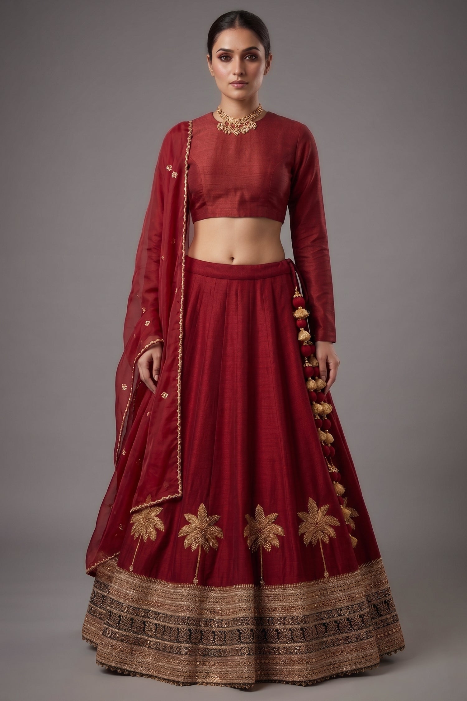 Maroon Matka Silk Bridal Lehenga - Front View