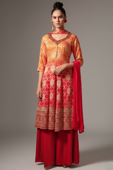 Yellow and Red Georgette Bandhej Woven Palazzo Suit - red georgette saree bandhej