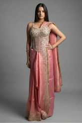 Coral Pink Organza Saree with Kiral Lace Border