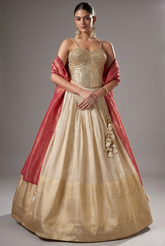 Cream Tissue Woven Pleated Lehenga with Mirror Work Corset