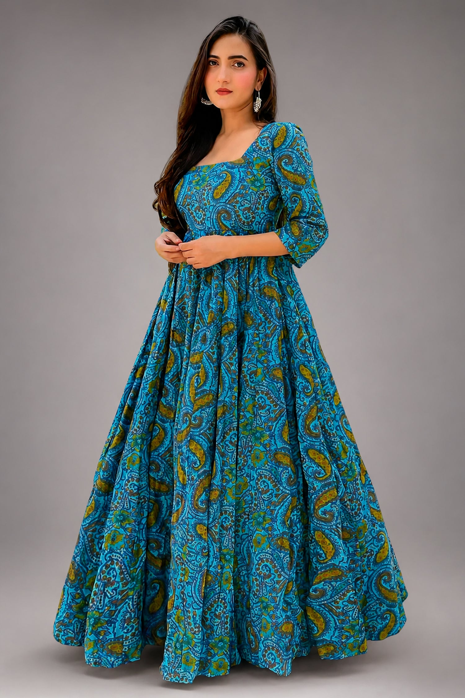 Light Blue Cotton Paisley Printed Kurti - blue cotton saree