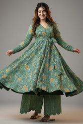 Sea Green Cotton Silk Printed Anarkali Kurti with Palazzo - green silk saree