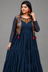 Blue Flared Anarkali Kurti in Georgette with Embroidery - red georgette saree embroidery