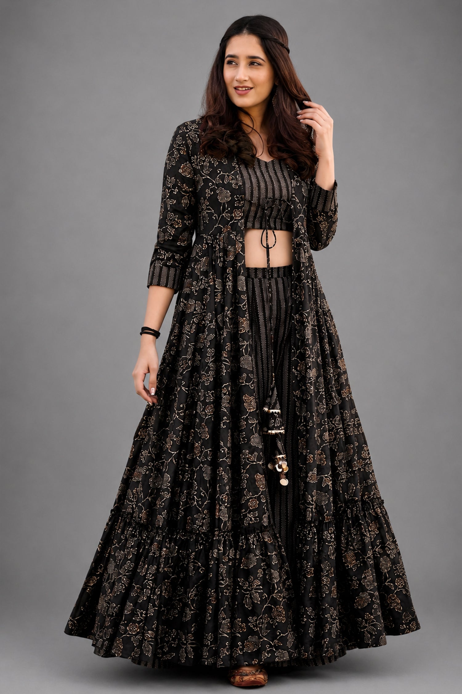 Black Muslin Printed Crop Top Palazzo Set with Flared Floral Motif Shrug - red muslin saree