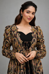 Black Crop Top Lehenga Set in Georgette with Paisley Motifs Long Shurg - black georgette saree
