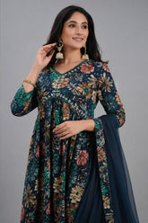 Prussian Blue Straight Cut Kurti with Floral Motifs and Mirror Embroidery Work - blue saree embroidery