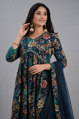 Prussian Blue Straight Cut Kurti with Floral Motifs and Mirror Embroidery Work - blue saree embroidery
