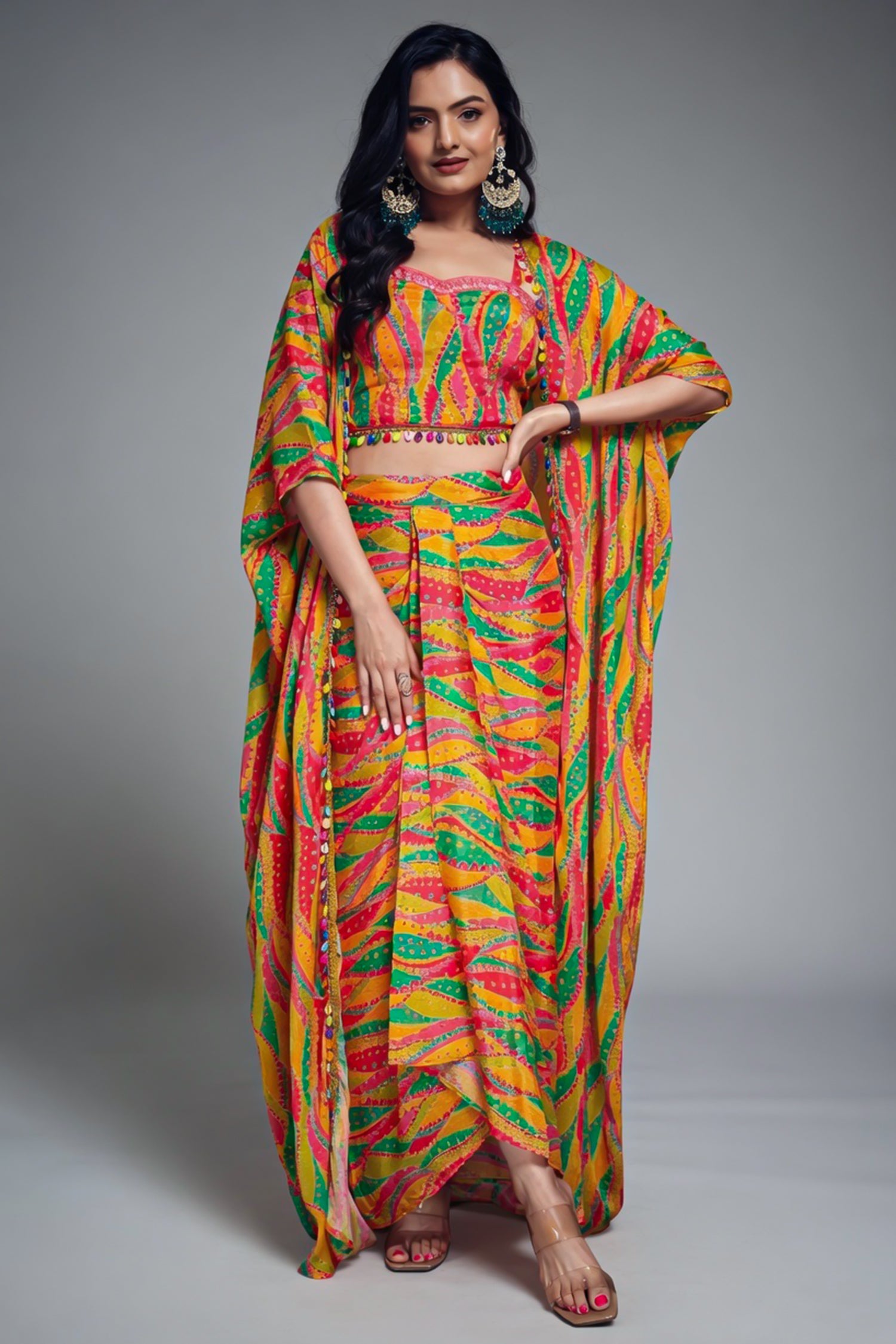 Orange Chinon Silk Abstract Print Shoulder Strap Crop Top and Dhoti Skirt with Jacket - orange silk saree