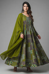 Green Rayon Printed Long Kurti with Dupatta - green rayon saree