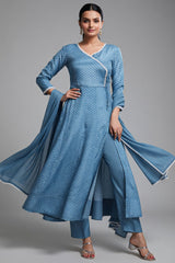 Sky Blue Chinon Silk Angrakha Style Bandhej Printed Side Slit Cut Kurti Set - blue silk saree bandhej