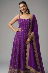Purple Georgette Sequin Zari Embroidered Anarkali Kurti with Dupatta - red georgette saree embroidered
