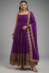 Purple Georgette Sequin Zari Embroidered Anarkali Kurti with Dupatta - red georgette saree embroidered