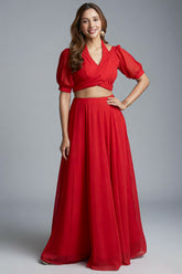 Red Fancy Healter Neck Crop Top and Skirt in Georgette - red georgette saree
