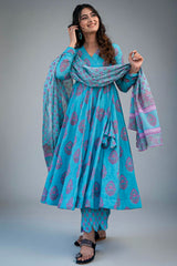 Sky Blue Muslin Anarkali Kurti Pant Set - blue muslin saree
