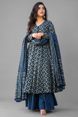 Rama Blue Cotton Silk Printed Kurti Palazzo Set - blue silk saree
