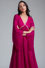 Rani Pink Organza Beaded V Neckline Kurti with Palazzo - pink organza saree