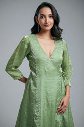 Green Organza V Neckline Angrakha Kurti with Pant - green organza saree