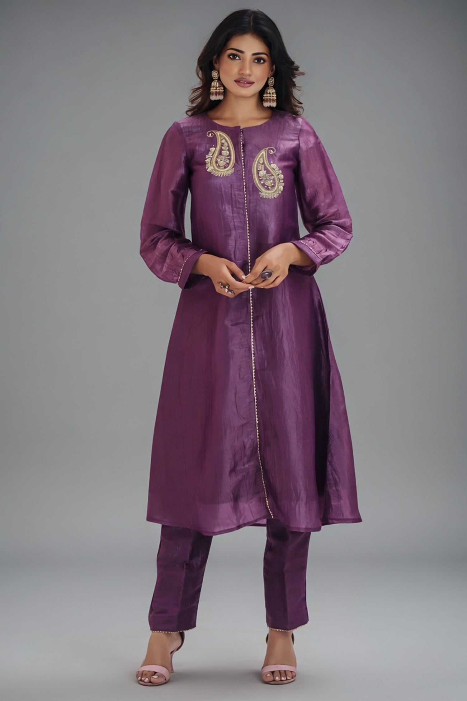 Lilac Purple Organza Beaded and Cutdana Worked Kurti with Pant - purple organza saree