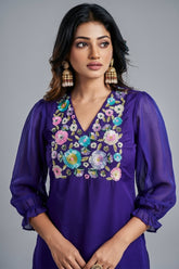 Violet Organza Sequinned Kurti with Pant - violet organza saree