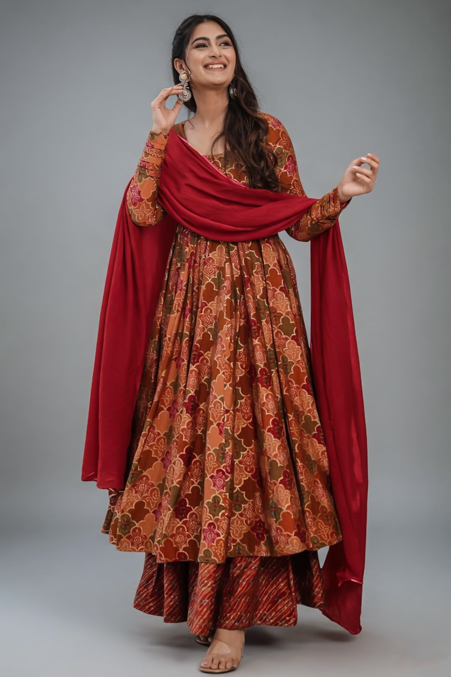Orange and Pink Muslin Moroccan Printed Anarkali Kurti Set - orange muslin saree