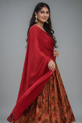 Orange and Pink Muslin Moroccan Printed Anarkali Kurti Set - orange muslin saree