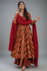Orange and Pink Muslin Moroccan Printed Anarkali Kurti Set - orange muslin saree
