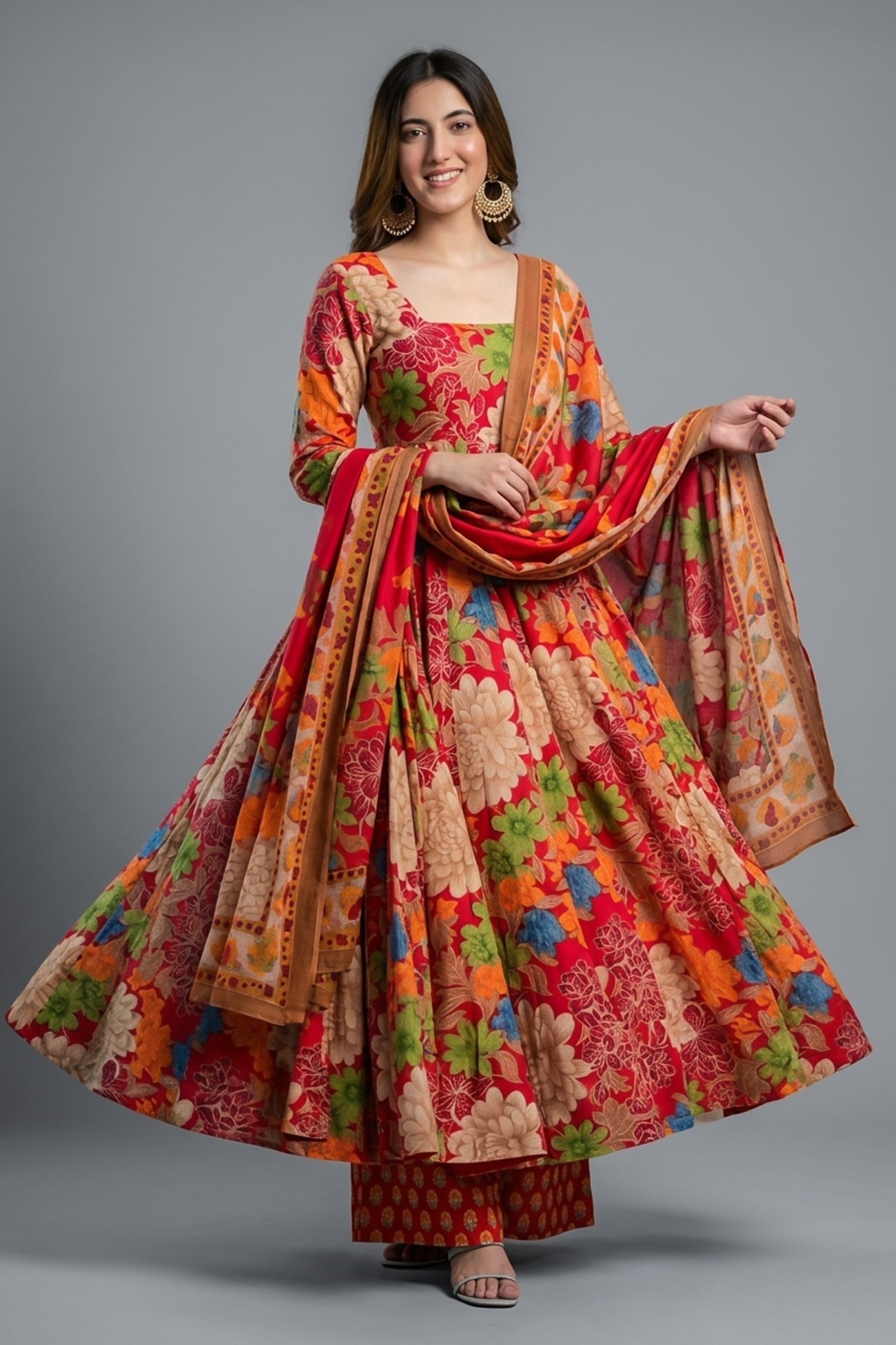 Multi Color Muslin Printed Anarkali Kurti Set - muslin saree