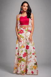 Off White Crop Top Jacket with Palazzo - white saree