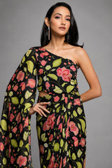 Black Chinon Silk One Sided Cape Style Printed Dress - black silk saree