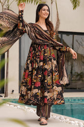 Multi Colored Cotton Floral Printed Flared Kurti Set