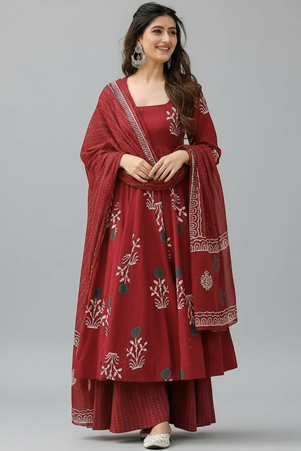 Maroon Cotton Floral Printed Flared Kurti Set - red cotton saree