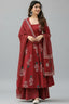 Maroon Cotton Floral Printed Flared Kurti Set - red cotton saree