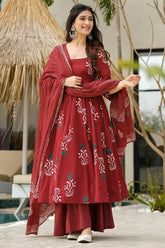 Maroon Cotton Floral Printed Flared Kurti Set