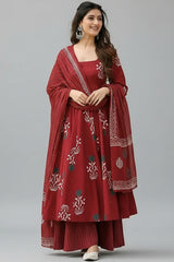Maroon Cotton Floral Printed Flared Kurti Set - red cotton saree