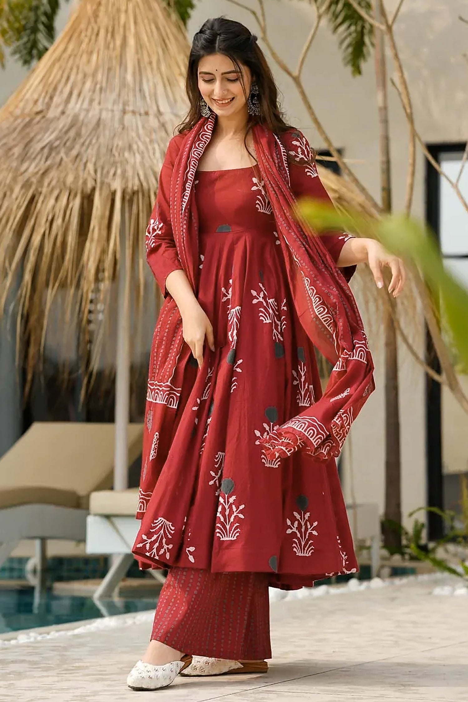 Maroon Cotton Floral Printed Flared Kurti Set - red cotton saree