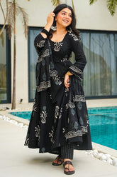 Black Cotton Floral Printed Flared Kurti Set