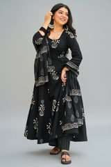 Black Cotton Floral Printed Flared Kurti Set - red cotton saree