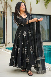 Black Cotton Floral Printed Flared Kurti Set - red cotton saree