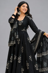 Black Cotton Floral Printed Flared Kurti Set - red cotton saree