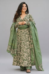 Cream Cotton Floral Printed Flared Kurti Set