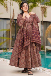 Brown Cotton Floral Printed Flared Kurti Set