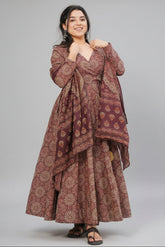 Brown Cotton Floral Printed Flared Kurti Set