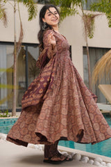 Brown Cotton Floral Printed Flared Kurti Set - red cotton saree