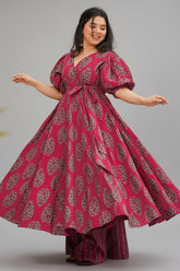 Magenta Cotton Floral Printed Flared Kurti Set